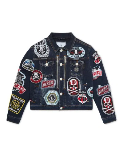 Philipp Plein Kids'  Denim Jacket Vintage Effect Patches Boy In Bluesplash