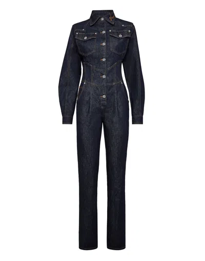 Philipp Plein Denim Jumpsuit Chains In Multi