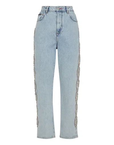 Philipp Plein Denim Loose Fit Crystal Cable In Multi