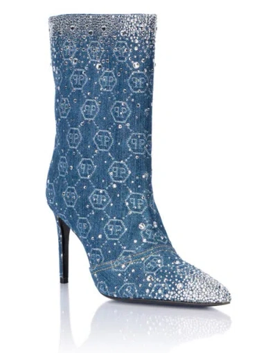 Philipp Plein Denim Low Boots Monogram Strass 9 Women In Blue