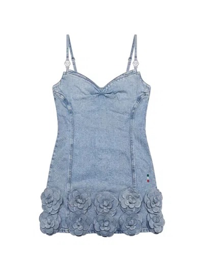 Philipp Plein Denim Mini Dress Roses Strass In Blue