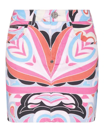 Philipp Plein Colorful Circus-print Denim Mini Skirt In Multi