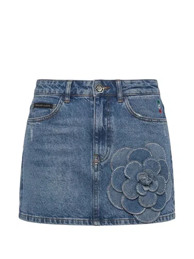 Philipp Plein Denim Mini Skirt Rose Strass In Blue