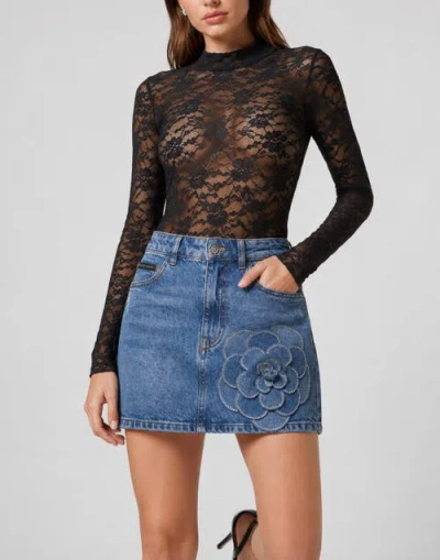 Philipp Plein Denim Mini Skirt Rose Strass Women In Lyra Light
