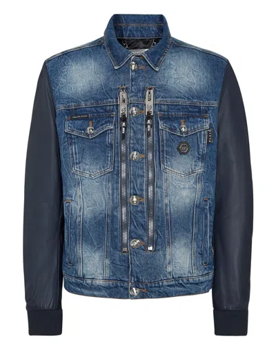 Philipp Plein Denim Regular Jacket With Nylon Sleeves Hexagon In Blue