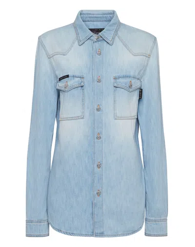 PHILIPP PLEIN DENIM REGULAR SHIRT CRYSTAL SKULL