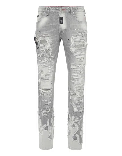Philipp Plein Denim Rock Star Fit Trousers Flame In Grey