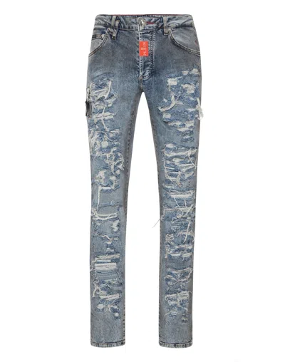 Philipp Plein Denim Rock Star Fit Trousers Hexagon In Multi