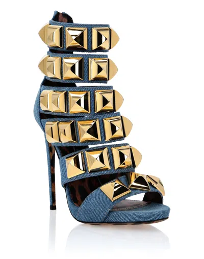 Philipp Plein Denim Sandals High Heels Studs In Multi