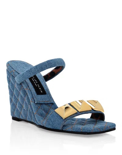 Philipp Plein Denim Sandals Wedge Studs In Blue