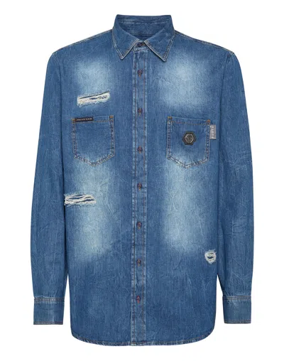 PHILIPP PLEIN DENIM SHIRT CRYSTAL SKULL