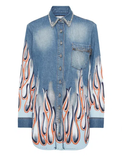 Philipp Plein Denim Shirt Ls Flame Racing In Blue