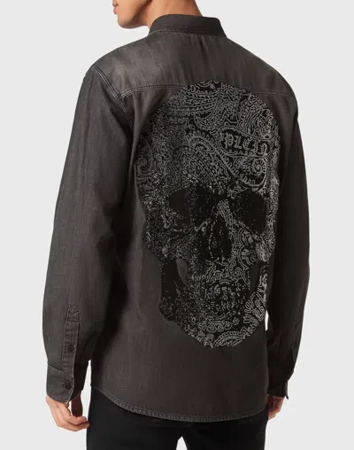 Philipp Plein Denim Shirt Ls Paisley Strass In Black