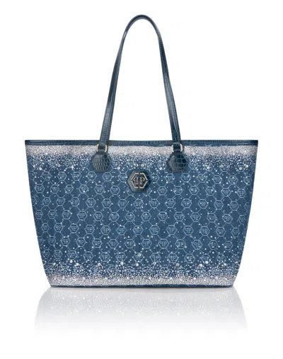 Philipp Plein Denim Shopper Bag Monogram Strass In Blue