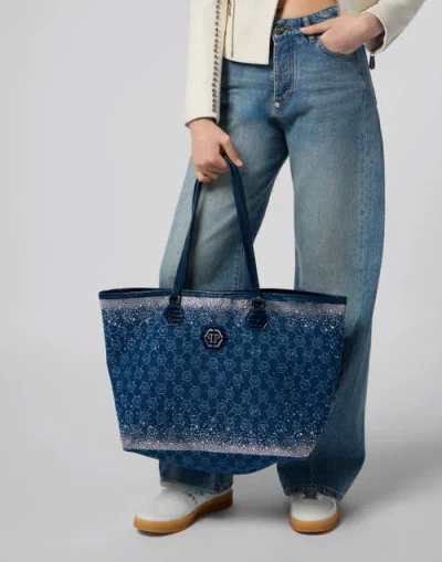 Philipp Plein Denim Shopper Bag Monogram Strass Women In Lightblue