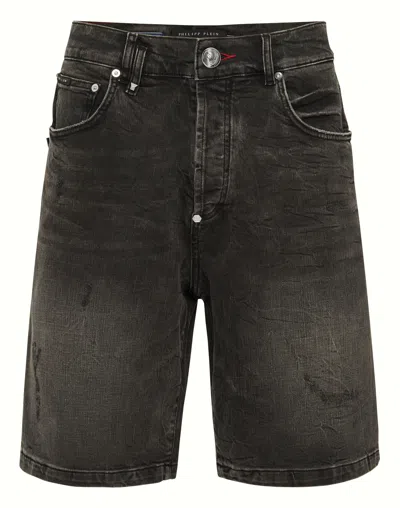Philipp Plein Denim Shorts Formentera Skull In Blue