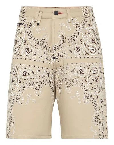 Philipp Plein Bandana-print Denim Shorts In Beige