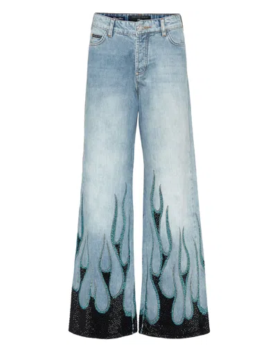 Philipp Plein Denim Skater Fit Trousers Strass Flame In Blau