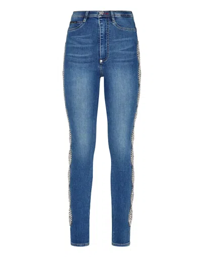 Philipp Plein Denim Super High Waist Jegging Crystal Cable In Blue