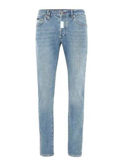 Philipp Plein Denim Super Straight Cut Fit Trousers Hexagon In Medium Wash