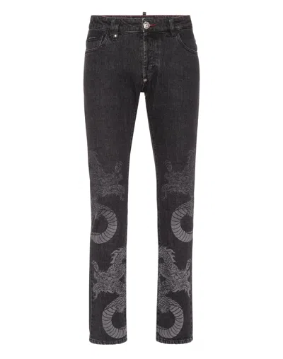 Philipp Plein Denim Super Straight Cut Trousers Dragon Shadow In Black