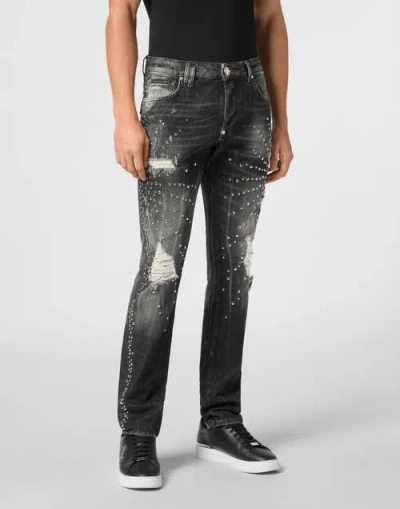 Philipp Plein Denim Super Straight Cut Trousers Studs Men In Foggrey
