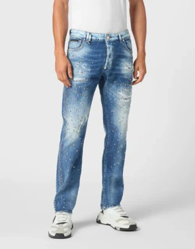 Philipp Plein Denim Super Straight Cut Trousers Studs Men In Blue