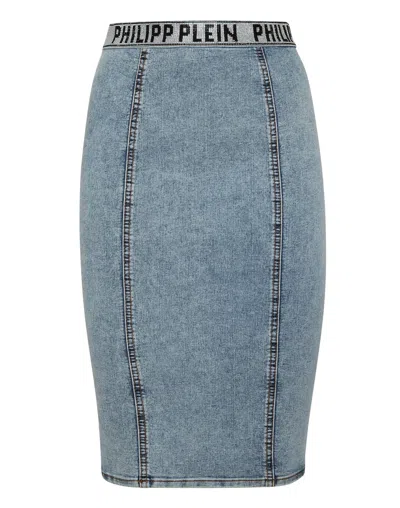 Philipp Plein Denim Super Stretch Skirt Stones  Tm With Crystals In Blue