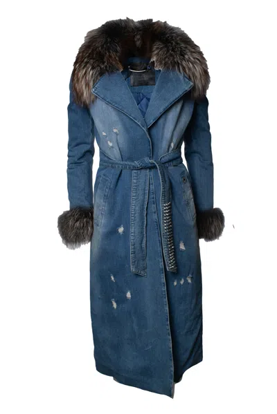 Philipp Plein , Denim Trench Coat With Fur Collar In Blue