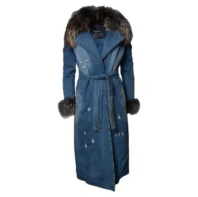 Pre-owned Philipp Plein , Denim Trench Coat With Fur Collar In Purple