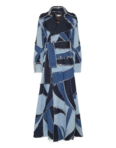 Philipp Plein Denim-patchwork Double-breasted Coat In Blue
