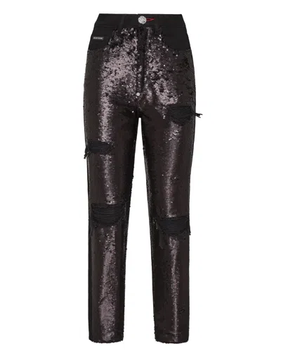 Philipp Plein Denim Trousers Boyfriend Paillettes In Brown