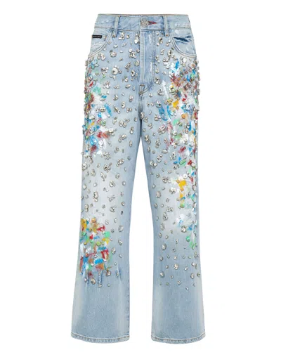 Philipp Plein Denim Trousers High Rise Fit Crystal In Multi