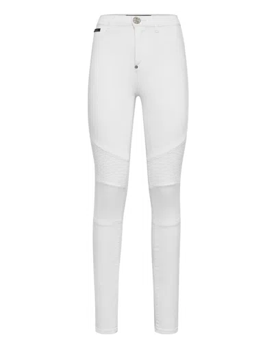 Philipp Plein Denim Trousers High Waist Biker In White