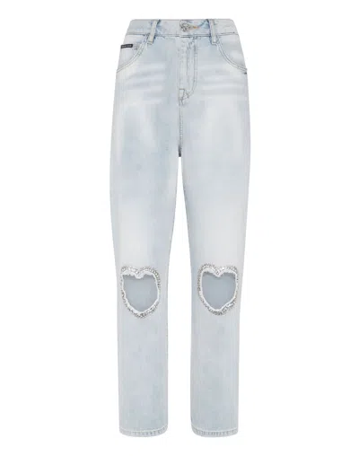 Philipp Plein Denim Trousers Loose Fit Heart Patch In Blue