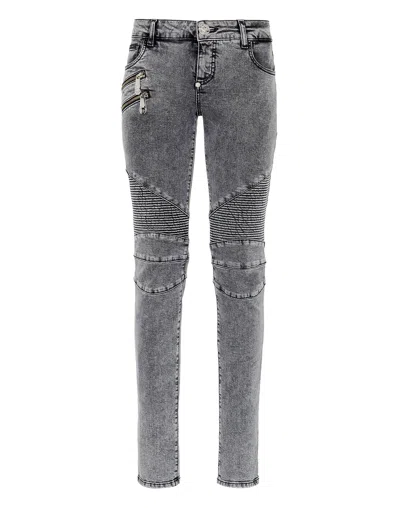 Philipp Plein Denim Trousers Low Rise Biker In Grey