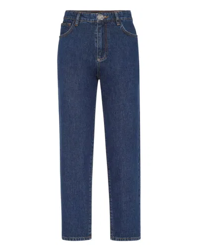 Philipp Plein Denim Trousers Mom Fit Hexagon In Blue