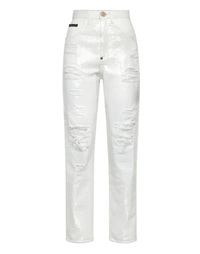 Philipp Plein Denim Trousers Mom Fit With Crystals In Multi