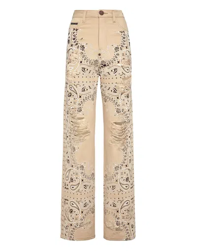 Philipp Plein Denim Trousers Palace Fit Paisley Skull In Beige