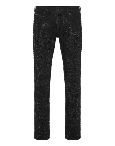 Philipp Plein Denim Trousers Rock Star Tribal Strass In Multi