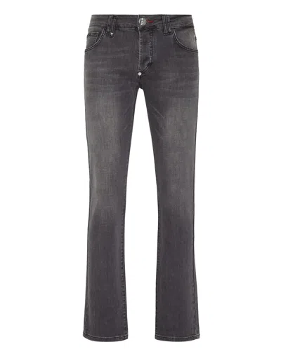 Philipp Plein Denim Trousers Straight Cut Supreme Iconic Plein Basic In Grey
