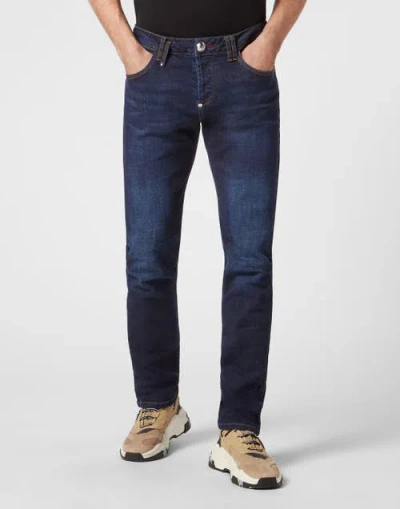 Philipp Plein Denim Trousers Straight Cut Supreme Iconic Plein Basic Men In Blue