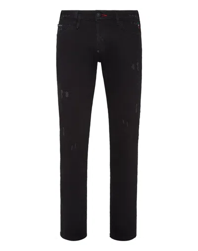 Philipp Plein Denim Trousers Straight Cut Supreme Iconic Plein In Black