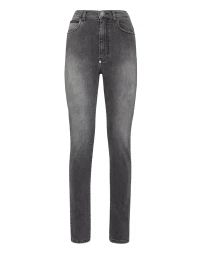 Philipp Plein Denim Trousers Super High Waist Jegging In Grey