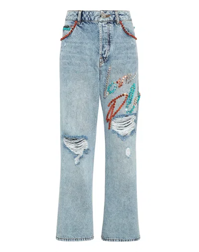 Philipp Plein Denim Trousers Super Loose Fit Studs With Crystals In Blue