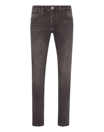 Philipp Plein Denim Trousers Super Straight Cut Basic In Grey