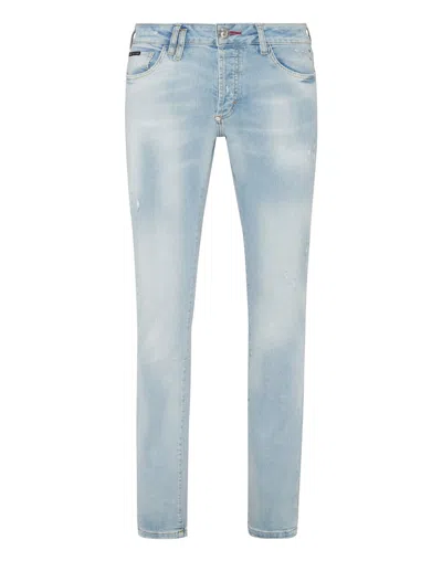 Philipp Plein Denim Trousers Super Straight Cut Destroyed In Multi