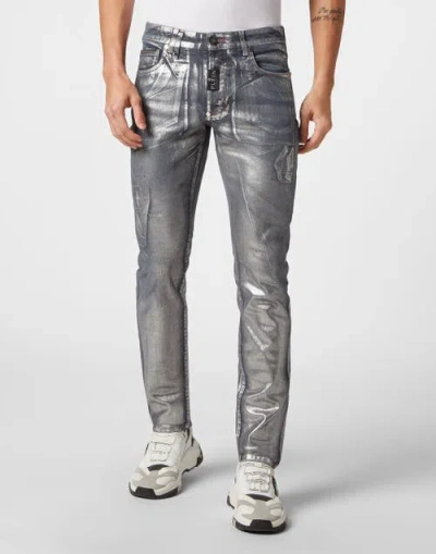 Philipp Plein Denim Trousers Super Straight Cut Fit Men In Blue