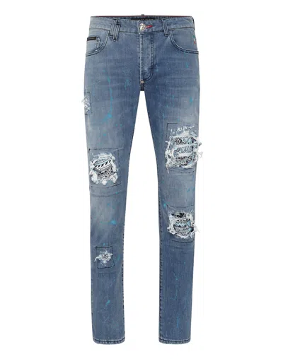 Philipp Plein Denim Trousers Super Straight Cut Fit In Multi