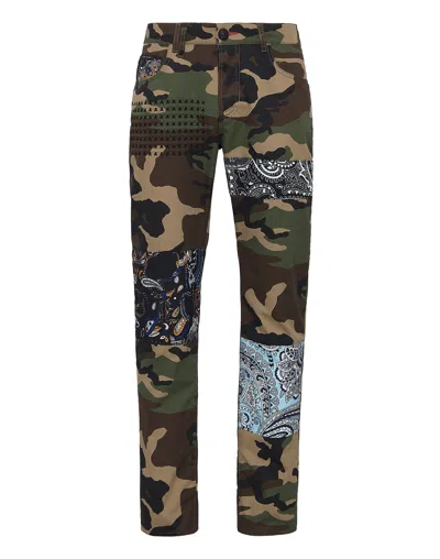 Philipp Plein Denim Trousers Super Straight Cut Fit Paisley In Brown
